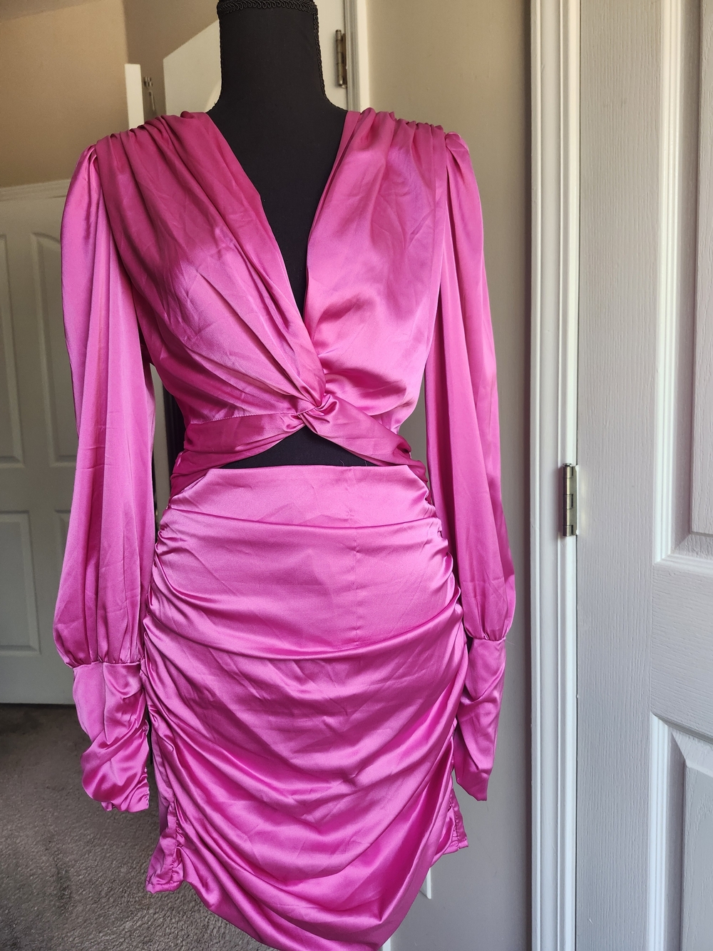 Twist-Front Hot Pink Satin Mini Dress - Women's Size Medium